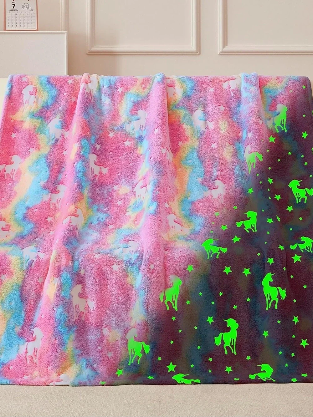 Kids Rainbow Unicorn Glow in the Dark Blanket - Pink Multicolor Throw Blanket